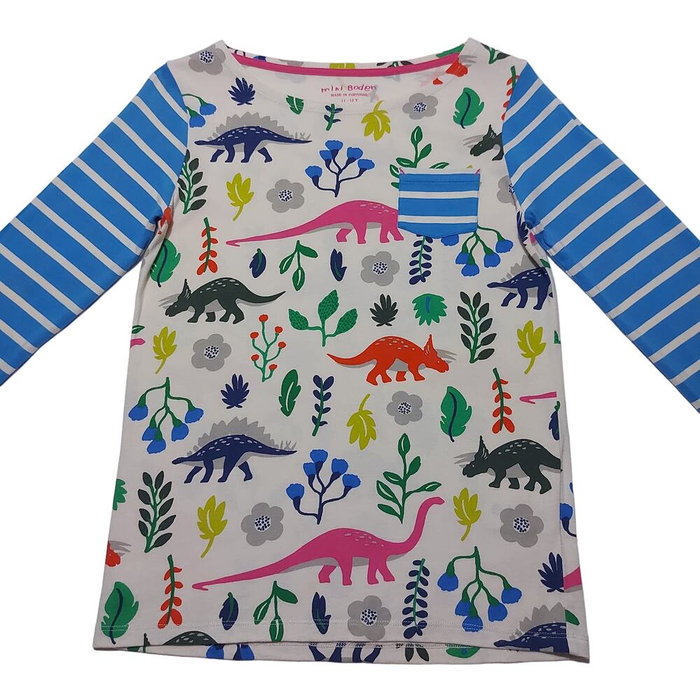 Mini Boden long-sleeved cotton striped dinosaur mixed print boat neck pocket tee